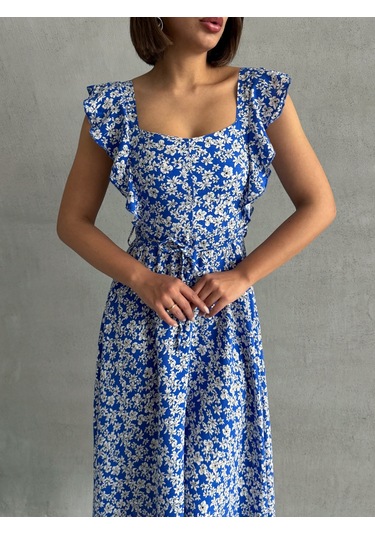 Kadın Çiçek Desenli Fırfır Detaylı Yazlık Dokuma Elbise Mavi
