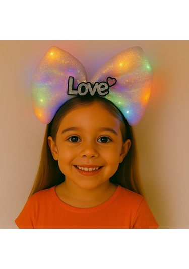 Led Işıklı Love Yazılı Pembe Fiyonk Taç - Kız Çocuk Parti Tacı Çok Renkli