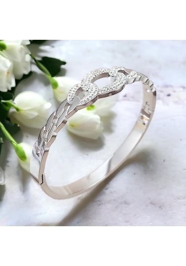 Modern Zirkon Taşlı Çelik Kelepçe Bileklik - Kararmaz Gold Kaplama Gümüş