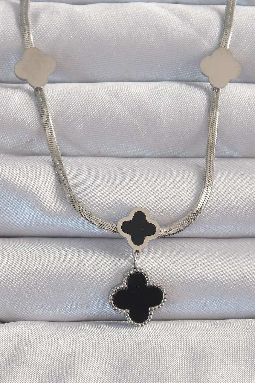 316l Çelik Gümüş Renk İtalyan Zincirli Mineli Yonca Kolye Renkli