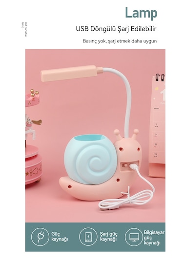 Karikatür Şarj Edilebilir Led Göz Koruma Masa Lambası - Pembe