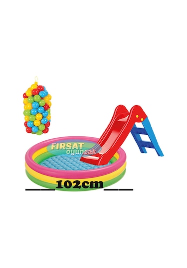 Kaydırak 102 x 25 CM Tabanı Şişmeli Havuz 100 Adet 6 CM Top