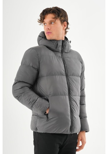 Erkek Kapüşonlu Fermuarlı Cepli Kışlık Şişme Kısa Mont Antrasit
