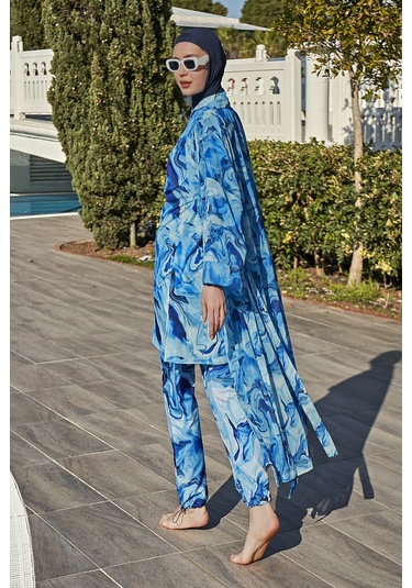 Remsa Mayo Remsa Tesettür Mayo Üzerine Tek Kaftan Kimono Pareo Rp010 Nil Mavi