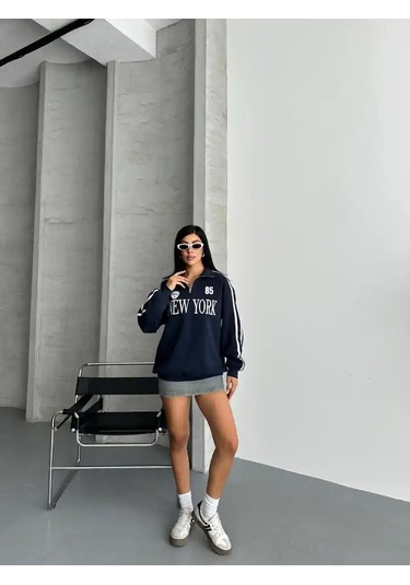 Yarım Fermuarlı Newyork Yazılı Sweat Lacivert