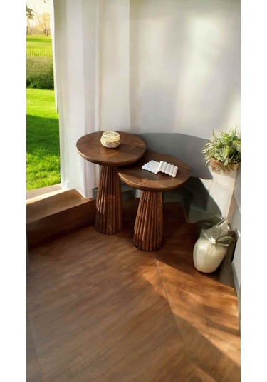 Masif Doğal Ahşap Yan Sehpa Takımı 2 Li Ceviz Zigon Ve Fiskos