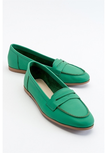 Luvishoes F02 Yeşil Cilt Kadın Babet Yeşil