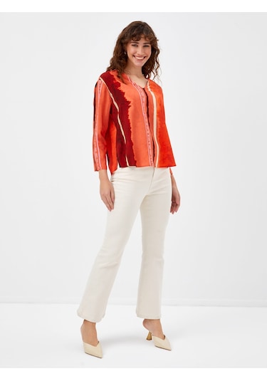 Çizgili Batik Desen V Yaka Bluz 68173 Kırmızı