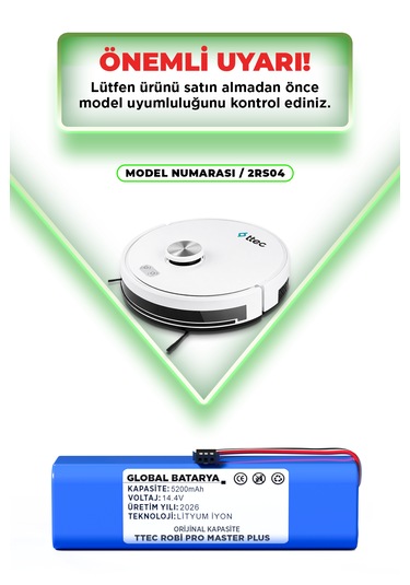 Ttec Robi Pro Master Plus 2rs04 Robot Süpürge Bataryası 14.4v 5200mah Li-ion Pil  Kapasite