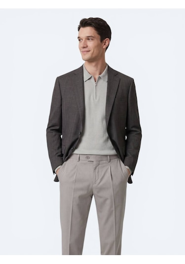 Kip Renkli Mikro Modern Fit Yün Karışımlı Ceket