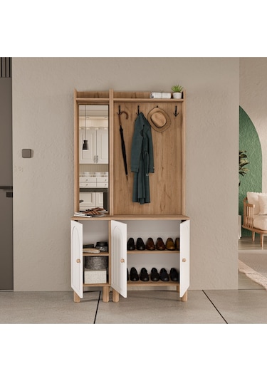 Set 5089-5072 Rapsody Sol Aynalı 3 Kapaklı Membran 4 Askılı Bohem Portmanto Sepet-beyaz Beyaz - Meşe