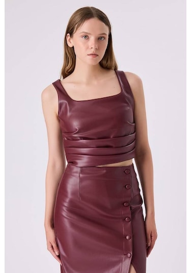Fever Büzgülü Deri Kadın Crop Bluz 342114029 Bordo