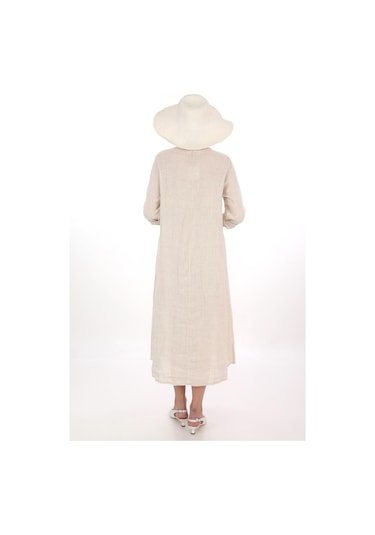 İtalyan V Yaka Uzun Kol Keten Elbise-8907 KREm Krem