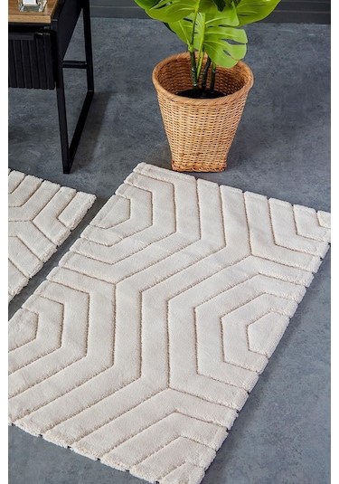 Hcw Plaid Bej %100 Pamuk Viskon 2 Parça Banyo Paspas Seti 40 60+60 100 Cm Bej
