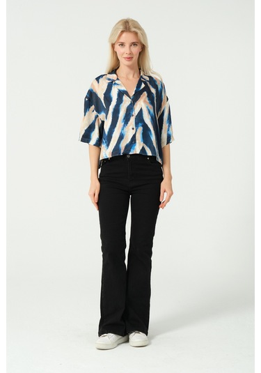 Saten V Yaka Crop Gömlek Multi Lacivert