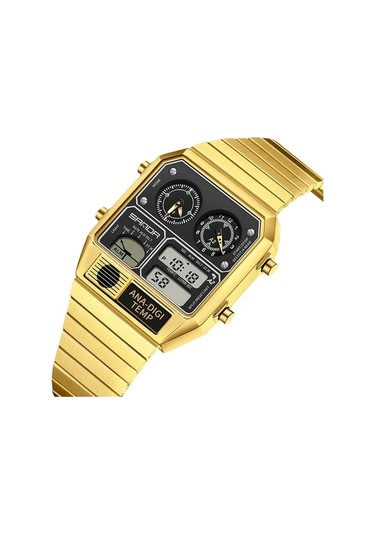 Fastbuy Güzel Altın Saat, Digital Performans, Dual Display, Alarm, 50m Su Geçirmez, Paslanmaz Çelik Bant Erkekler Saati Altın