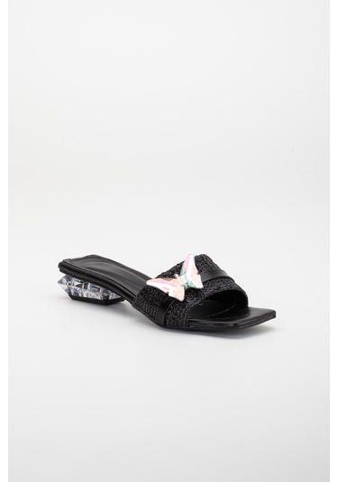Hasır Kelebek Taş Tokalı Siyah Kadın Kısa Topuklu Terlik-3087-siyah Siyah