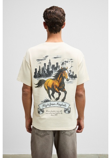 LANDI Erkek Önü Nakışlı Ve Baskılı Sırtı Baskılı %100 Organik Pamuk Bisiklet Yaka Oversize Fit Krem