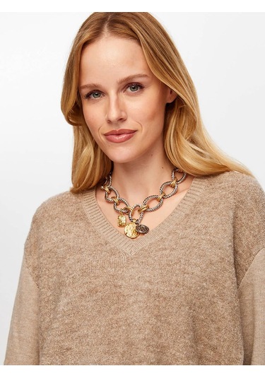 Faik Sönmez Önü Buklet Örgü V Yaka Kadın Triko Bluz W26trb014 Bej