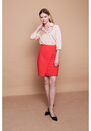 Yüksek Bel Anvelop Kruvaze Pamuklu Likralı Kumaş Kalem Ofis Etek -mercan - Mercan