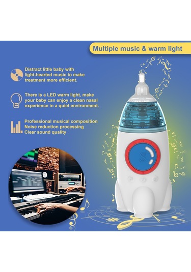 Vkemall Bebek Elektrikli Burun Emici 3 Seviye Emme Gücü, Düşük Gürültü, Işık Ve Müzik, Dahili Li-pil, 3 Silikon Uç, Saklama Kutusu, Beyaz