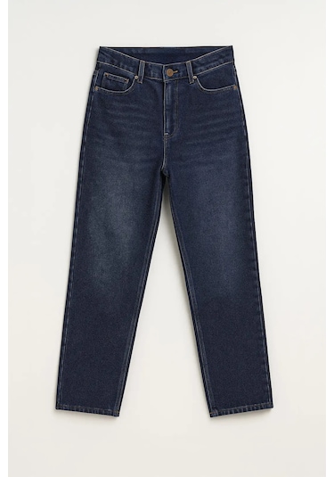 Kadın Yüksek Bel Mom Fit İndigo Jean Pantolon