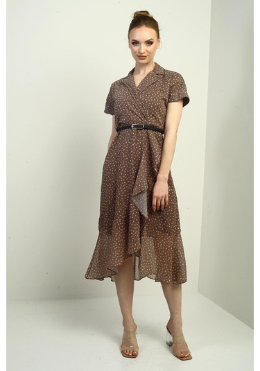 Kadın Kruvaze Yaka Astarlı Çıtır Desen Önü Volanlı Şifon Elbise-40785 Vizon