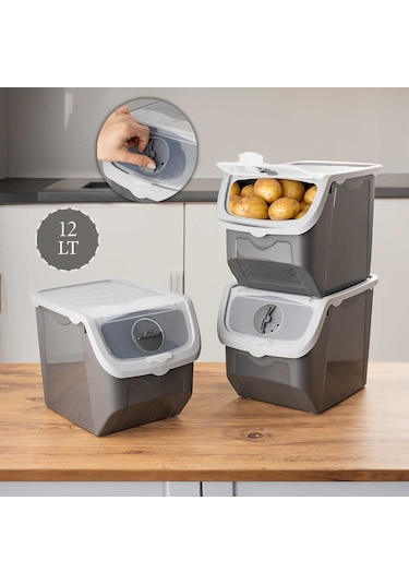 Porsima Coral 3 lü Çok Amaçlı Plastik Patates Soğan Sarımsak Saklama Kutusu 12 L - Gri