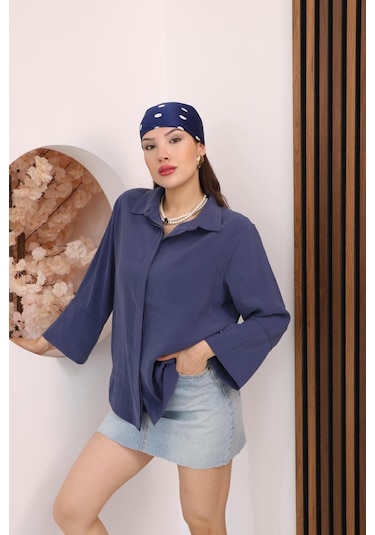 Kadın Slim Fit Dar Kesim Vücuda Oturan Uzun Kollu Lacivert Gömlek