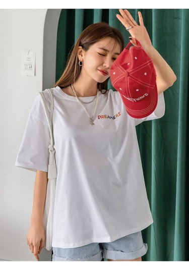 Kadın Beyaz Oversize Dreamers Baskılı T-shirt Beyaz-67295