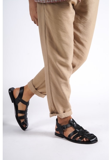 Sur Sandalet El Yapım Kösele Erkek Bodrum Sandalet Siyah