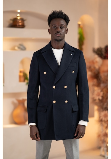 Paul Martin İtalyan Yaka Yünlü Kruvaze Kaşe Kaban Lacivert