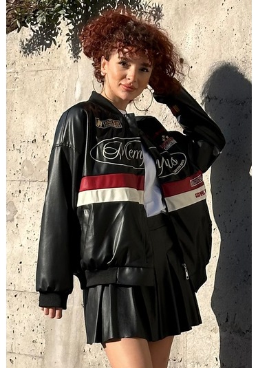 Bigdart 0698 Baskılı Suni Deri Bomber Ceket - Siyah 001