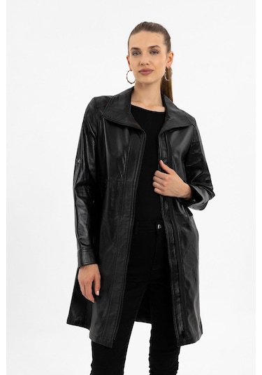 Siyah Hena Fermuarlı Geniş Kesim Uzun Kadın Hakiki Deri Kaban-siyah Siyah