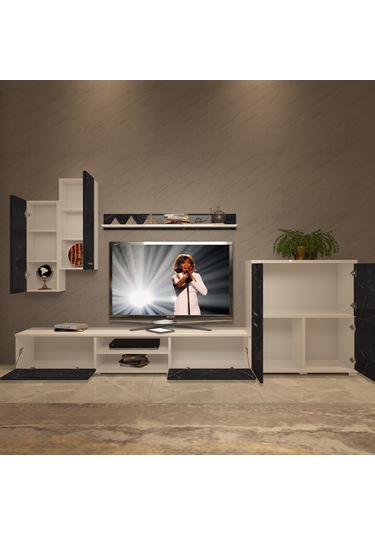 Decoraktiv Eko 6 Mdf Dvd Tv Ünitesi Tv Sehpası Beyaz - Siyah Mermer