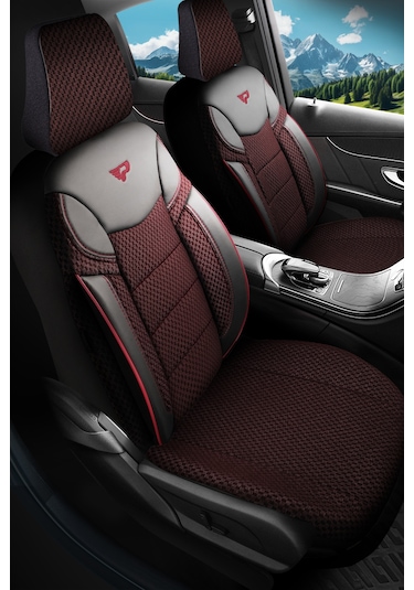 Bordo - Siyah Panda Dragon Serisi Dokuma Kumaş Oto Koltuk Kılıfı - Tam Set