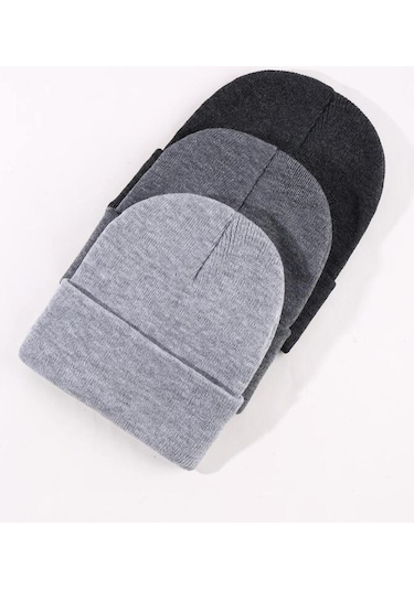 Eke Tekstil Unisex Katlamalı 3'lü Bere Seti Antrasit - Açık Gri - Gri