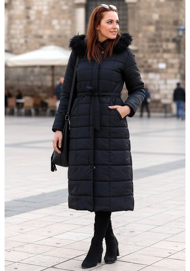 Günlük Kışlık Tam Boy Kürklü Kadın Siyah Şişme Mont Siyah