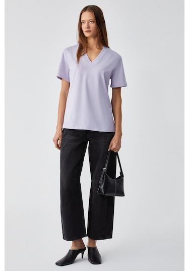 GRIMELANGE Alıne Kadın %100 Organik Pamuk Derin V Yakalı Comfort Fit Lila T-shirt Lila