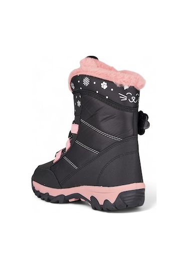 Günlük Kız Çocuk Kar Botu Cırtlı Lastik Bağcıklı Kürklü Desenli Kalın Tırtıklı Taban Bootie 014 Siyah Pembe