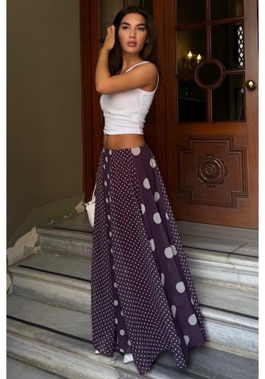 Madmext Mürdüm Çoklu Puantiye Desen Maxi Etek Mg2839