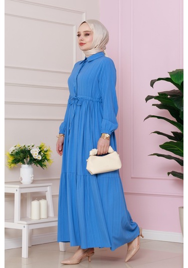 Gömlek Yaka Beli Tünelli Sare Elbise-mavi-4738 Mavi