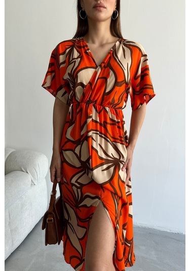 Kadın Turuncu Derin V Yaka Yazlık Uzun Önden Yırtmaçlı Viskon Elbise Turuncu