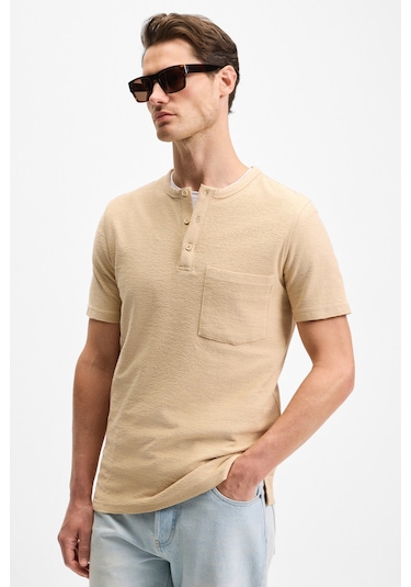 ERMAC Erkek Hakim Yaka Düğmeli Kısa Kol Bej T-Shirt