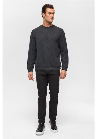 Antrasit Regular Düz Bisiklet Yaka Sweatshirt Antrasit