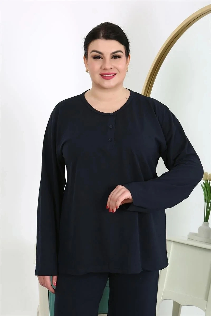Moda Kadın Büyük Beden Uzun Kol Penye Pijama Takımı Lacivert Lacivert