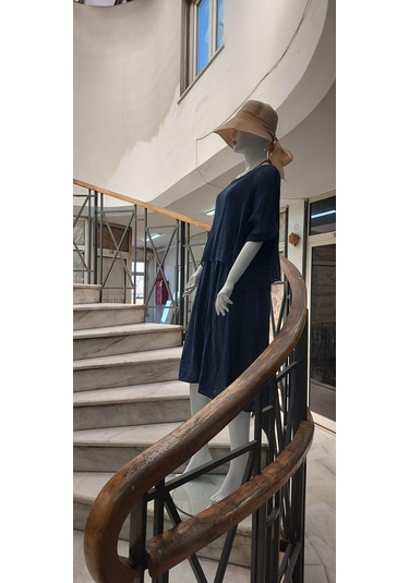 İtalyan Müslin Keteni Üstü File Bluzlu Astarlı Tek Parça Elbise Lacivert