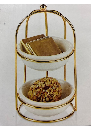 2 Katlı Gold Detaylı Standlı Porselen Yuvarlak Kaseli Şekerlik Sosluk Sunumluk