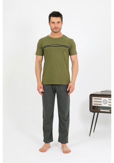 Akbeniz Erkek Pamuk Kısa Kol Pijama Takım Haki 6875 Haki