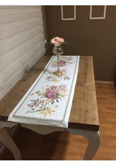 Çiçekli Duck Bezi Leke Tutmaz Runner ve İkili Kırlent